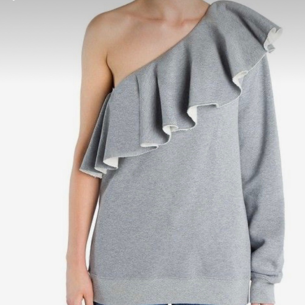 DANCE & MARVEL Flounce One Shoulder One Long Sleeve Ruffle Neckline Sweatshirt